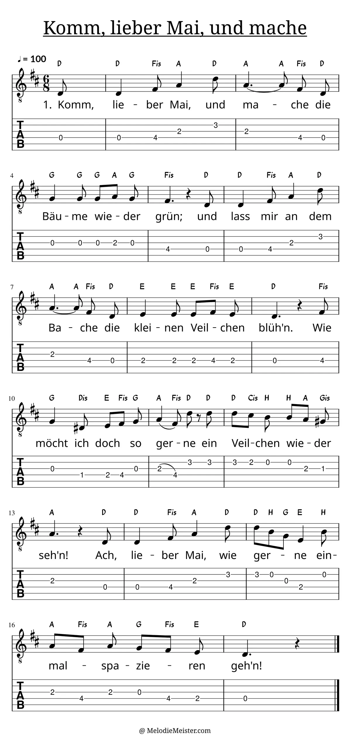 Komm, lieber Mai, und mache – Noten für Gitarre mit Tabulatur und Text zum Volkslied, geeignet für Anfänger