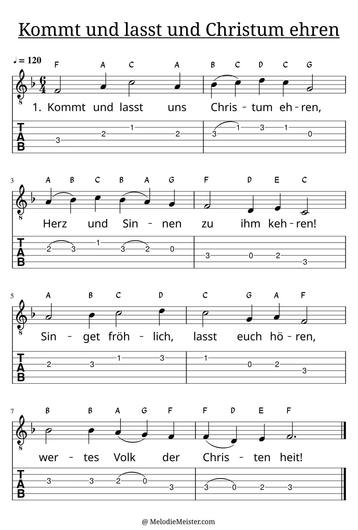 Kommt und lasst uns Christum ehren – Noten für Gitarre mit Tabulatur und Text zum Weihnachtslied, geeignet für Anfänger