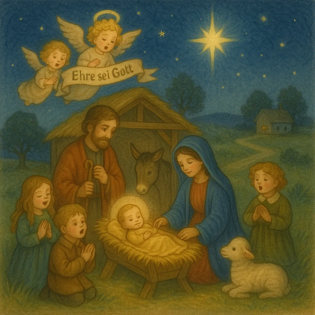 Weihnachtliche Krippenszene mit Maria, Josef und dem Jesuskind im Stall, umgeben von Engeln, singenden Kindern und einem Lamm unter einem klaren Sternenhimmel – liebevoll im klassischen Kinderbuchstil illustriert.