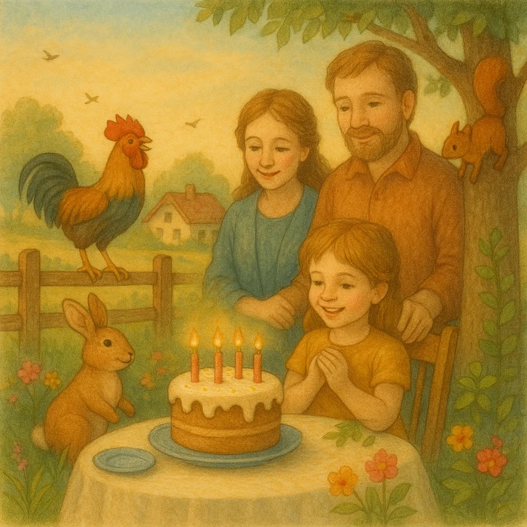 Illustration zu „Kräht der Hahn früh am Morgen“: Ein Hahn kräht auf einem Zaun im Morgenlicht, ein Häschen und ein Eichhörnchen freuen sich, Familie und Freunde feiern am liebevoll gedeckten Geburtstagstisch auf dem Land.