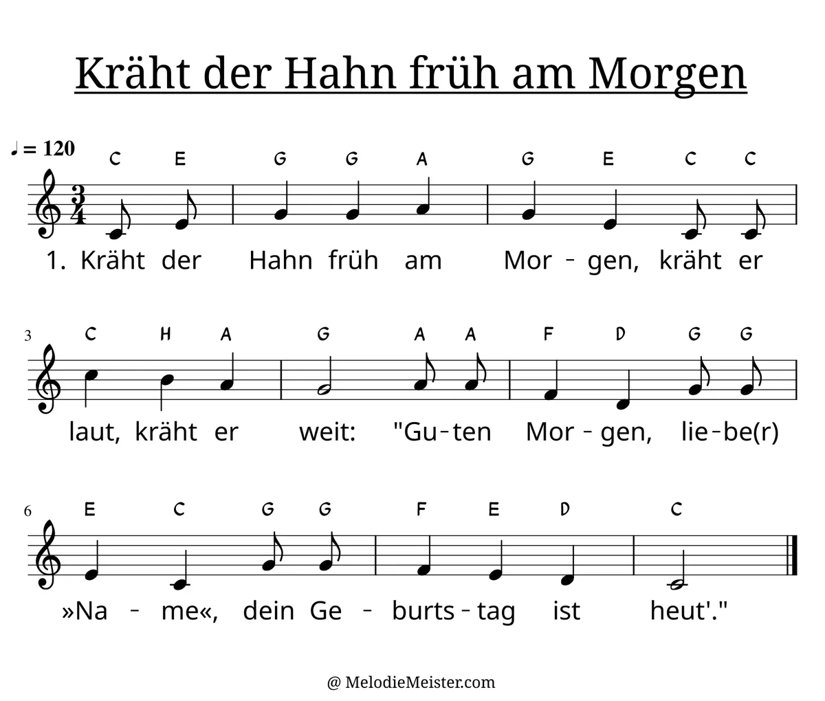 Notenblatt „Kräht der Hahn früh am Morgen“. Einstimmige Melodie im Violinschlüssel, C-Dur, 3/4-Takt, mit der 1. Strophe des Liedtextes.