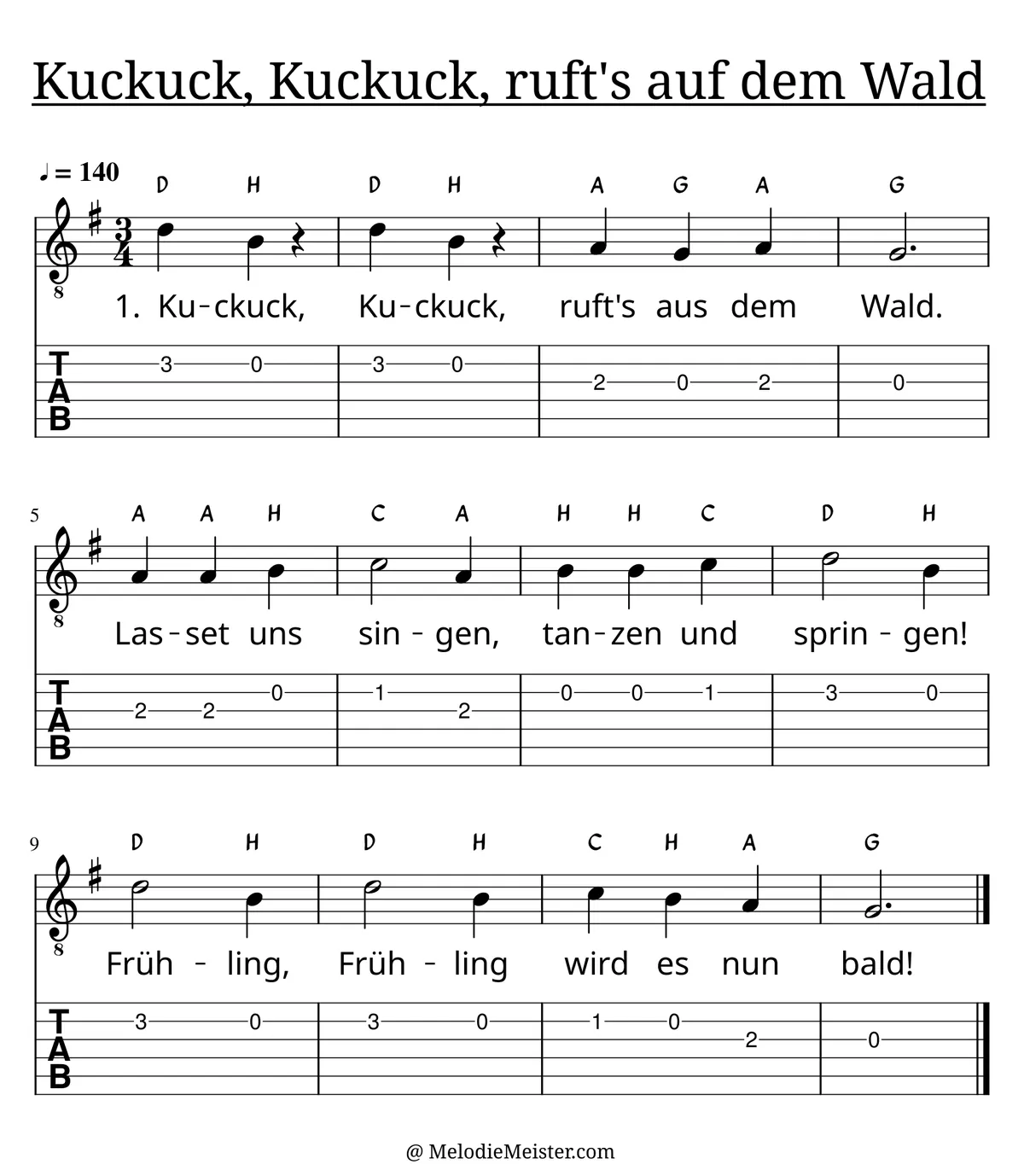 Kuckuck, Kuckuck, ruft's aus dem Wald – Noten für Gitarre mit Tabulatur und Text zum Kinderlied, geeignet für Anfänger