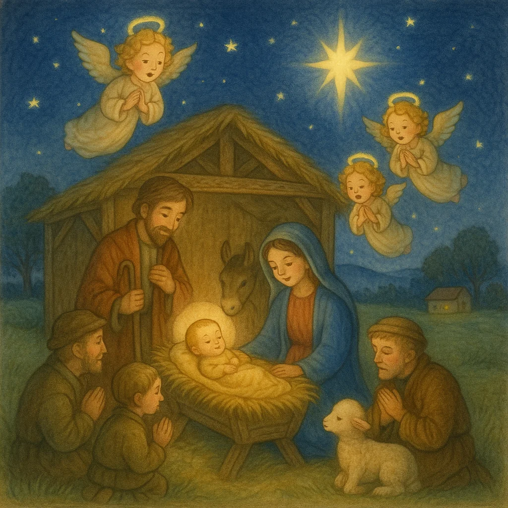 Krippenszene mit dem Jesuskind, Maria und Josef im Stall, umgeben von Engeln und Hirten unter einem klaren Sternenhimmel – liebevoll im Stil eines klassischen Bilderbuchs illustriert.