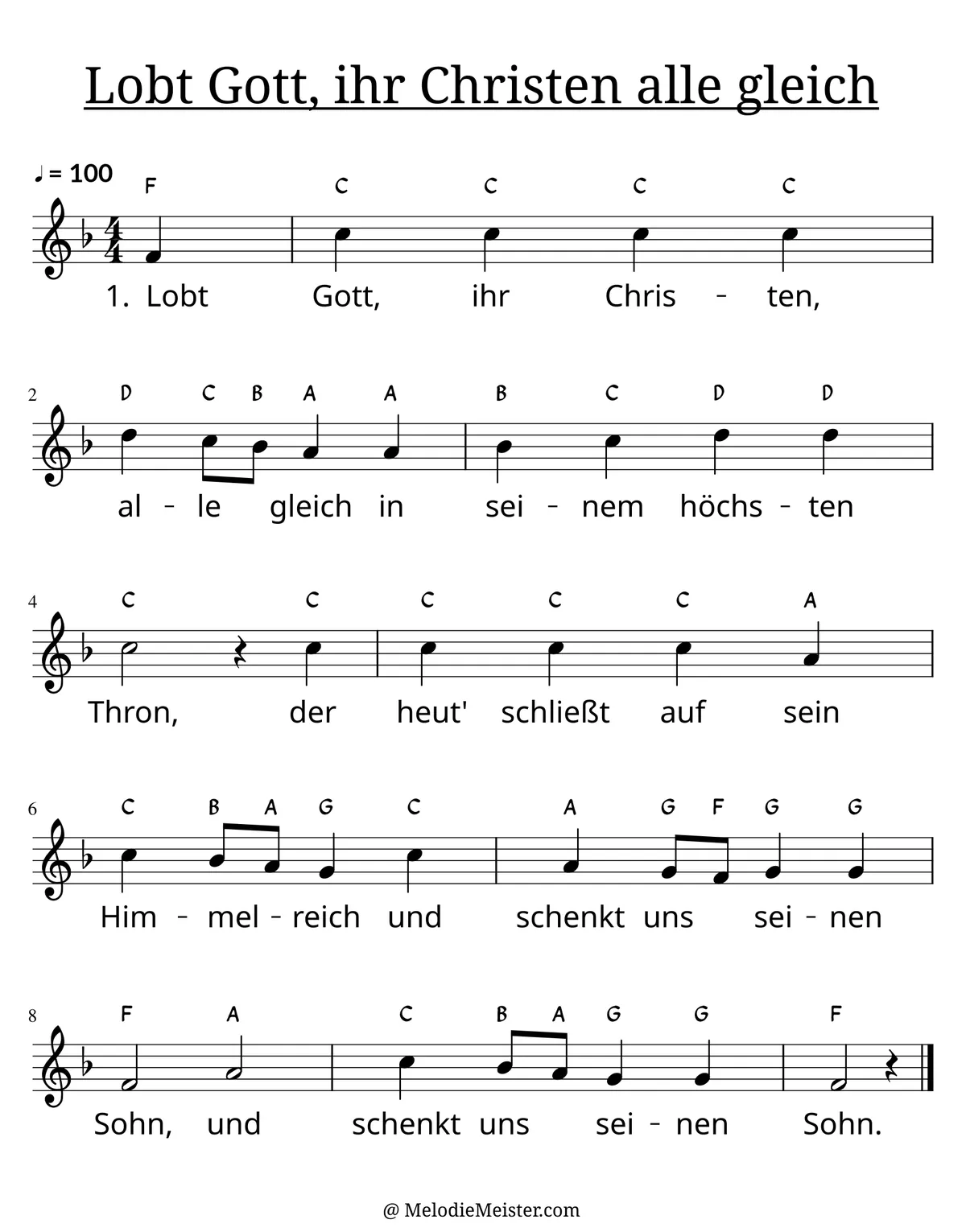 Notenblatt „Lobt Gott, ihr Christen alle gleich“. Einstimmige Melodie im Violinschlüssel, , , mit der 1. Strophe des Liedtextes.