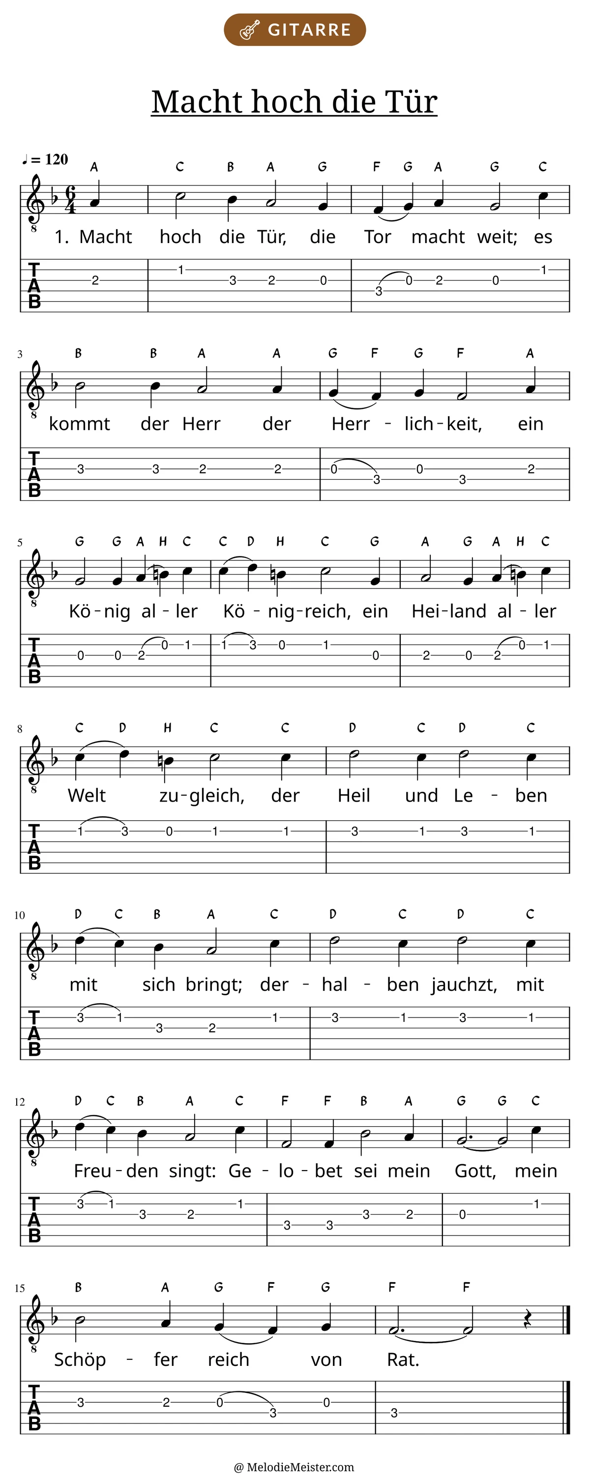 Notenblatt „Macht hoch die Tür“ für Gitarre: Melodie mit Buchstaben über den Noten, darunter der Liedtext der 1. Strophe und die Gitarren-Tabulatur mit Bundzahlen.