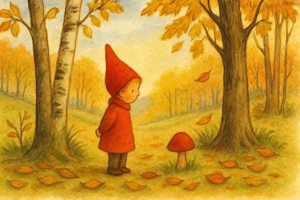 Ein kleiner Junge mit roter Zipfelmütze steht im goldenen Herbstwald neben einem Fliegenpilz – klassisch illustriert im Bilderbuchstil