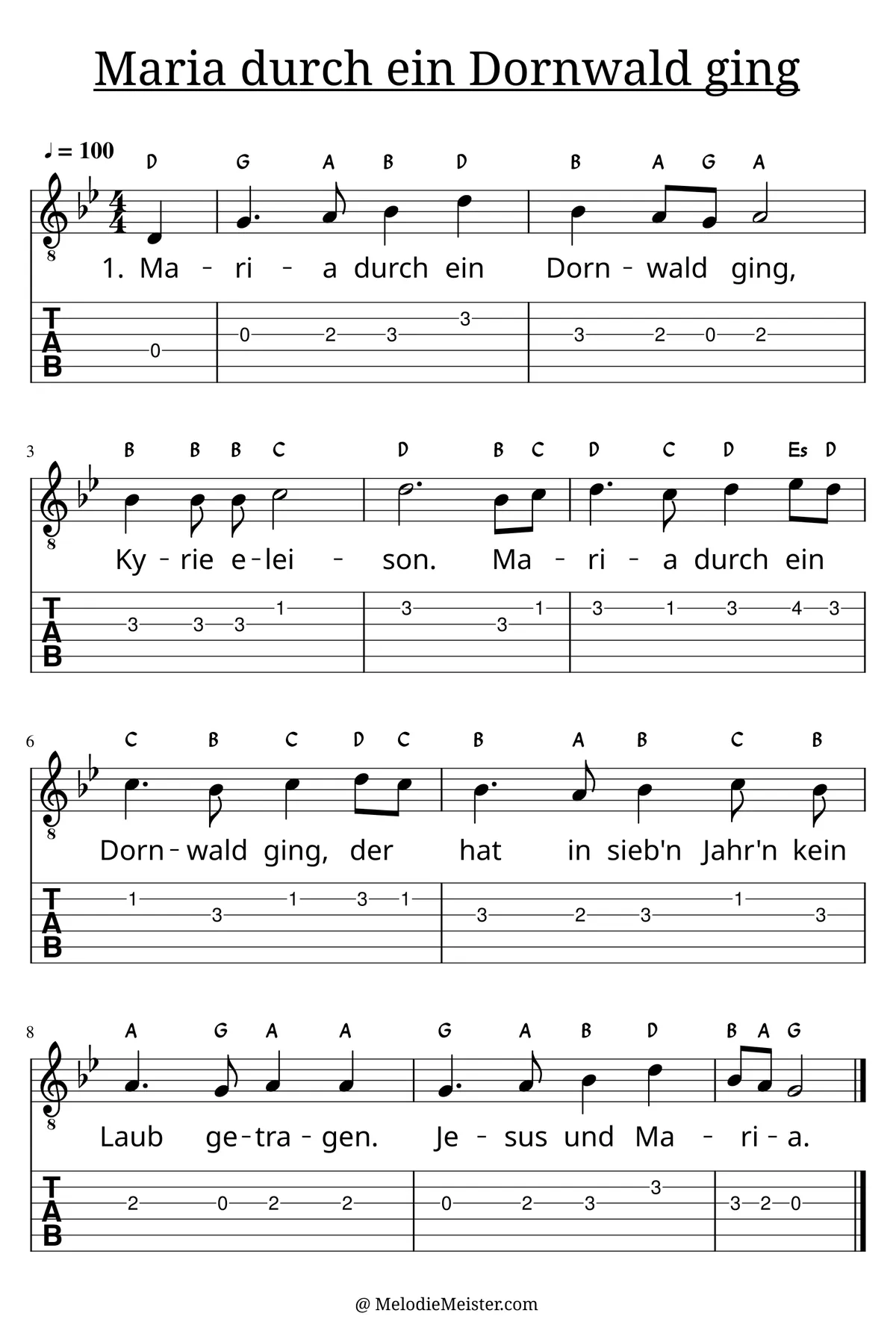 Maria durch ein Dornwald ging – Noten für Gitarre mit Tabulatur und Text zum Weihnachtslieder Adventslied, geeignet für Anfänger
