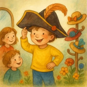 Illustration zu „Mein Hut, der hat drei Ecken“: Ein fröhliches Kind trägt stolz einen großen Dreispitz-Hut und zeigt ihn lachend seinen Freunden, die Umgebung ist bunt, verspielt und voller kleiner Details.