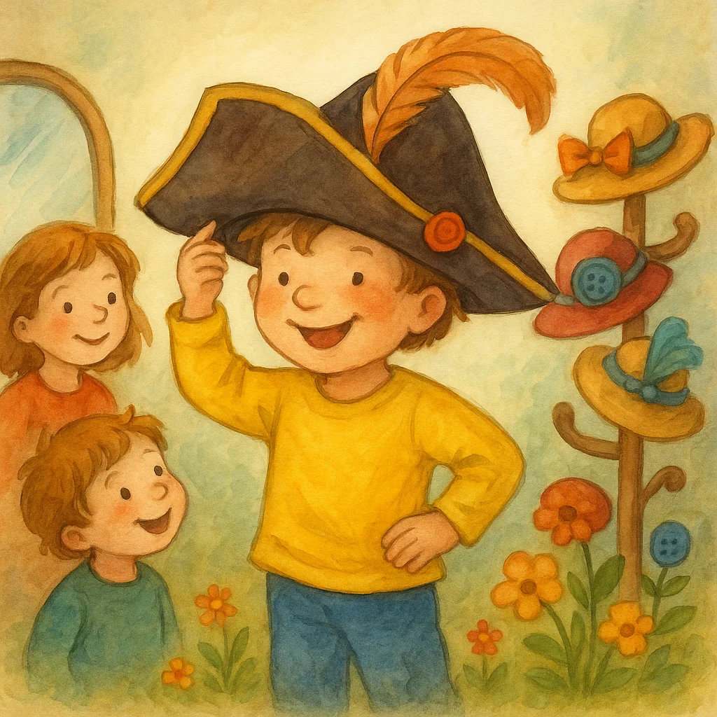 Illustration zu „Mein Hut, der hat drei Ecken“: Ein fröhliches Kind trägt stolz einen großen Dreispitz-Hut und zeigt ihn lachend seinen Freunden, die Umgebung ist bunt, verspielt und voller kleiner Details.