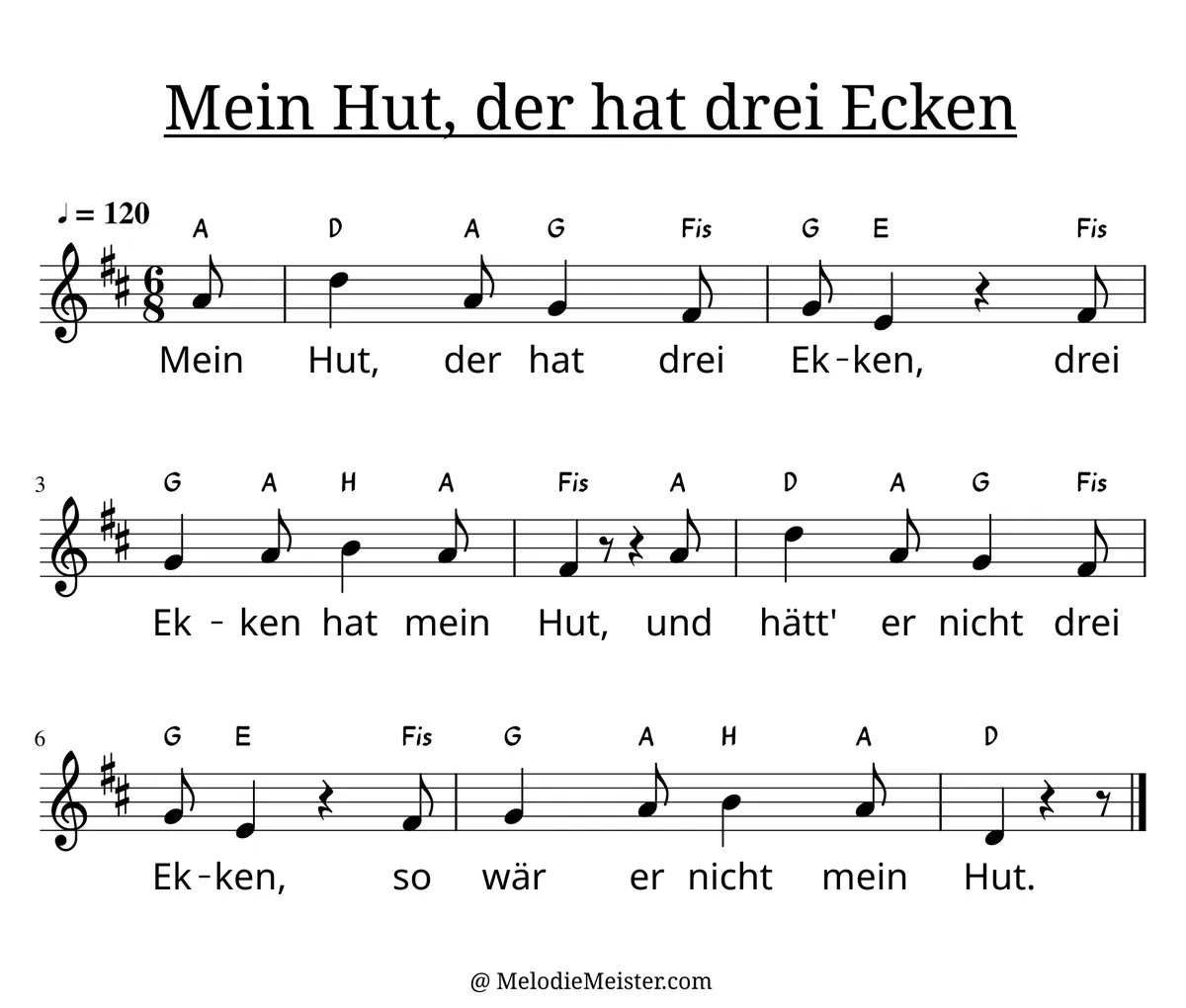 Notenblatt „Mein Hut, der hat drei Ecken“. Einstimmige Melodie im Violinschlüssel, D-Dur, 6/8-Takt, mit der 1. Strophe des Liedtextes.