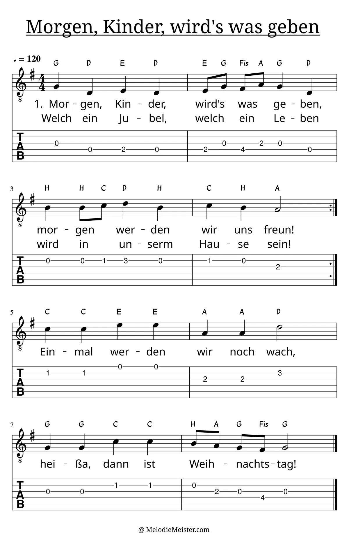 Morgen, Kinder, wird‘s was geben – Noten für Gitarre mit Tabulatur und Text zum Weihnachtslied, geeignet für Anfänger