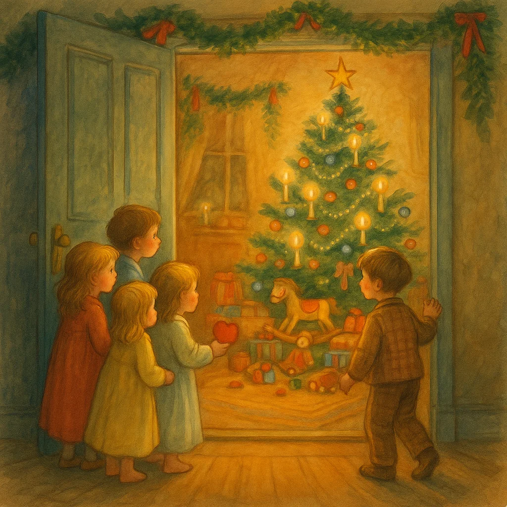 Mehrere Kinder schauen am Abend voller Vorfreude in ein festlich geschmücktes Weihnachtszimmer. Im Hintergrund glänzt der Weihnachtsbaum mit vielen Lichtern und buntem Schmuck. Spielzeug wie ein Holzpferdchen, eine Puppe, eine kleine Küche und ein Harlekin liegen bereit. Die Szene ist warm, detailreich und liebevoll im Stil eines klassischen Kinderbuchs gemalt und strahlt eine fröhliche, weihnachtliche Atmosphäre aus.