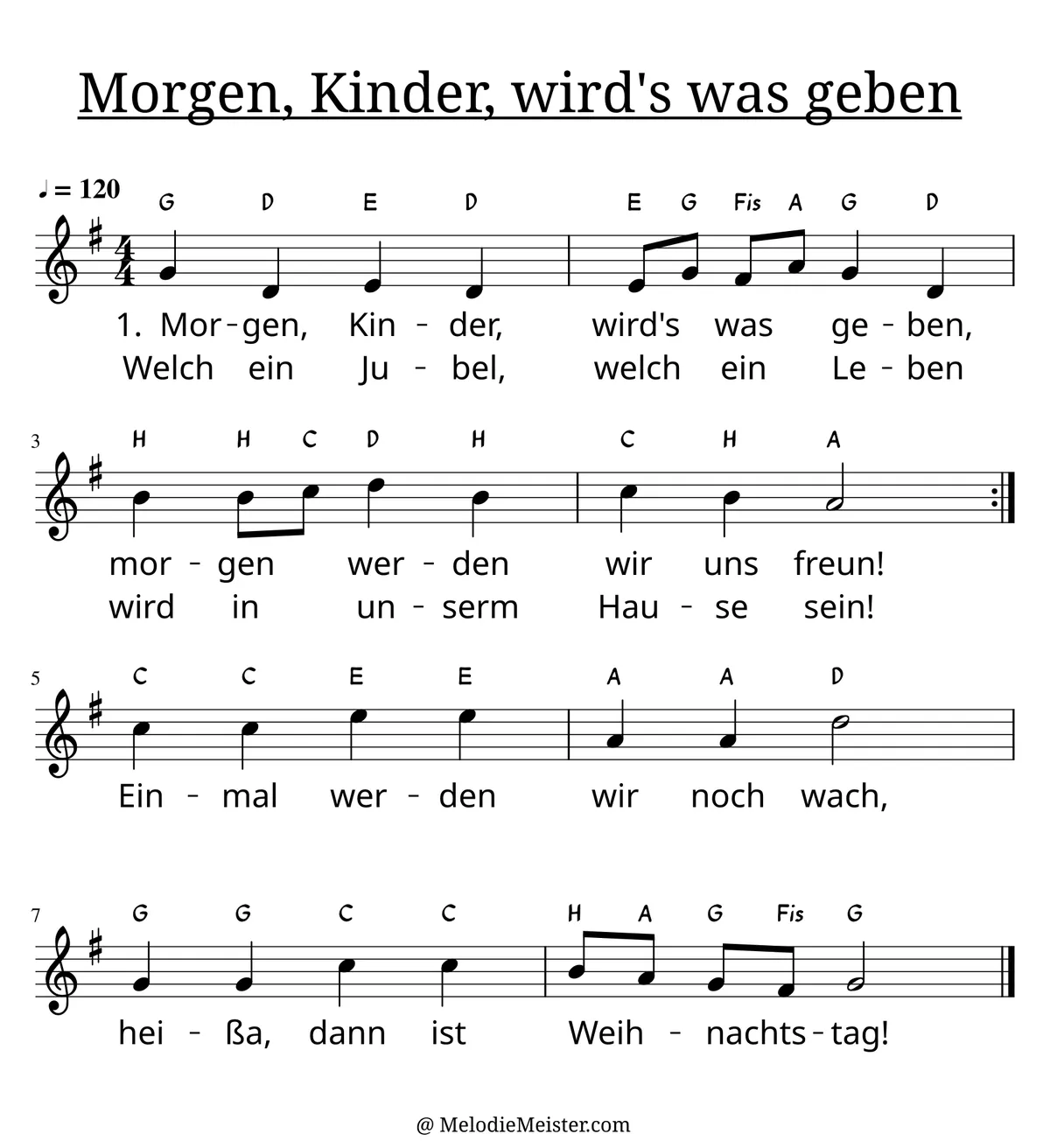 Notenblatt „Morgen, Kinder, wird‘s was geben“. Einstimmige Melodie im Violinschlüssel, , , mit der 1. Strophe des Liedtextes.