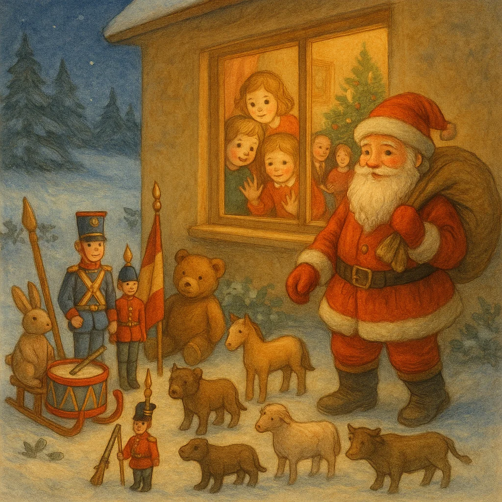 Weihnachtliche Illustration: Kinder warten am Fenster auf den Weihnachtsmann, der mit einem großen Geschenksack durch den verschneiten Garten kommt, Spielzeuge wie Trommel, Zottelbär, Musketier und Holztiere stehen bereit; Familie sitzt gemeinsam im hellen Wohnzimmer – liebevoll im Stil eines klassischen Kinderbuchs gemalt.