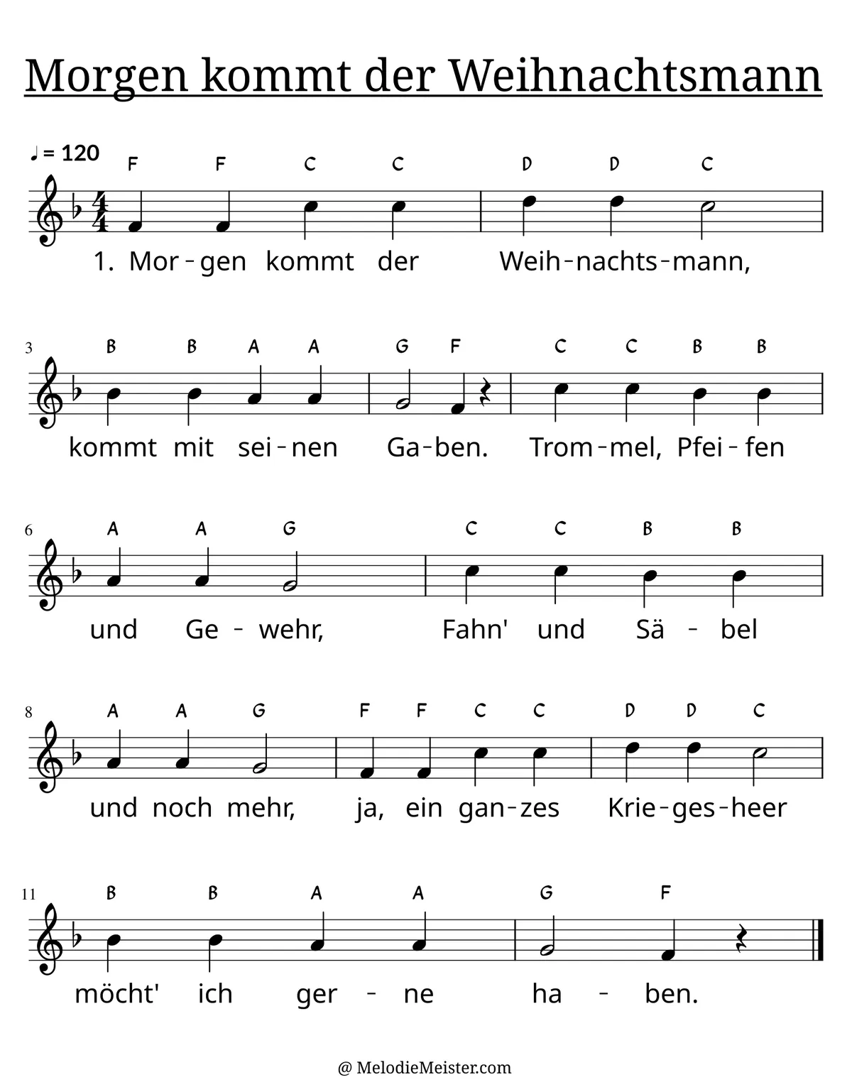 Notenblatt „Morgen kommt der Weihnachtsmann – original“. Einstimmige Melodie im Violinschlüssel, , , mit der 1. Strophe des Liedtextes.