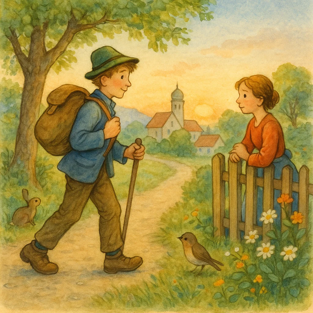 Ein junger Mann mit Rucksack verlässt im Morgengrauen ein kleines Städtchen, während ihm eine junge Frau traurig am Gartentor nachblickt. Die Szene ist freundlich, liebevoll und detailreich im Stil eines klassischen Kinderbuchs gezeichnet. Im Hintergrund blüht die Natur, die Sonne geht langsam auf, und am Wegrand stehen Bäume und kleine Tiere.