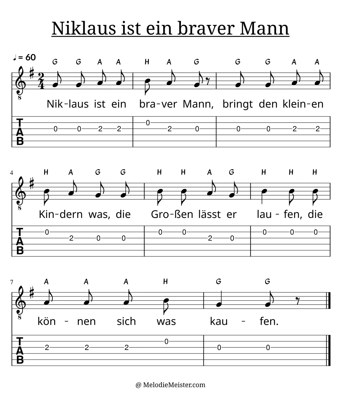Niklaus ist ein braver Mann – Noten für Gitarre mit Tabulatur und Text zum Weihnachtslied, geeignet für Anfänger