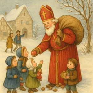Illustration: Nikolaus im roten Gewand verteilt Geschenke an kleine Kinder im verschneiten Dorf, größere Kinder winken im Hintergrund freundlich – liebevoll, klassisch wie im Kinderbuch gemalt.