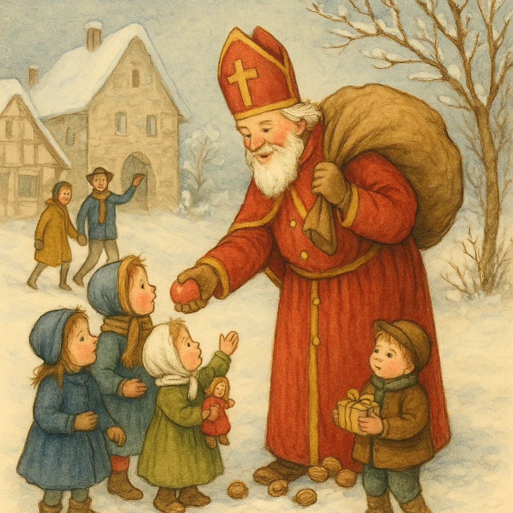 Illustration: Nikolaus im roten Gewand verteilt Geschenke an kleine Kinder im verschneiten Dorf, größere Kinder winken im Hintergrund freundlich – liebevoll, klassisch wie im Kinderbuch gemalt.