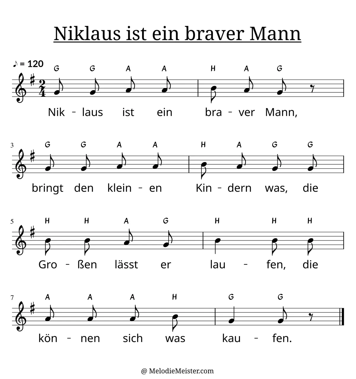 Notenblatt „Niklaus ist ein braver Mann“. Einstimmige Melodie im Violinschlüssel, , , mit der 1. Strophe des Liedtextes.