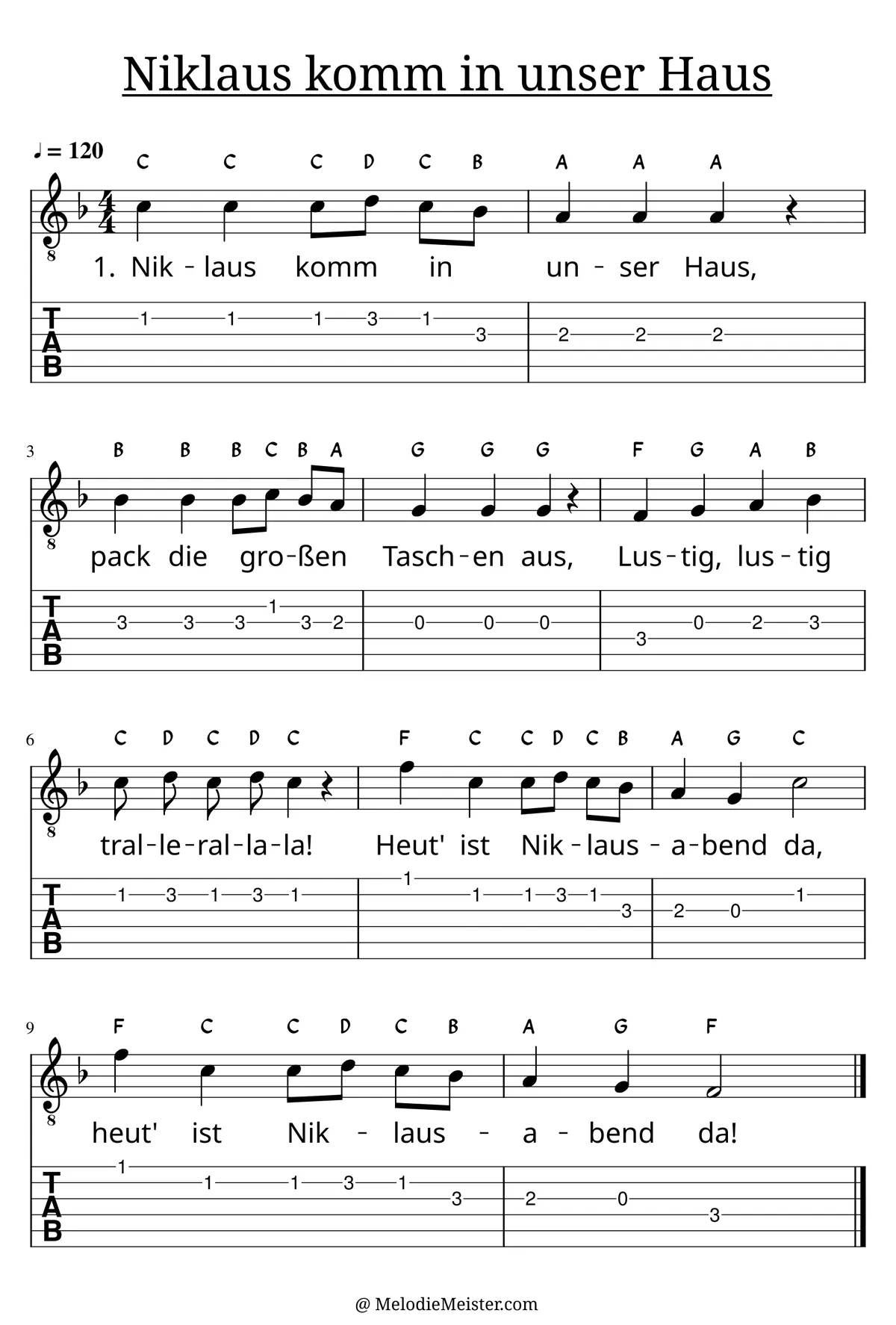 Niklaus komm in unser Haus – Noten für Gitarre mit Tabulatur und Text zum Weihnachtslieder Adventslied, geeignet für Anfänger