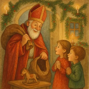 Der heilige Nikolaus in rotem Mantel und mit Bischofsmütze kommt fröhlich in ein festlich geschmücktes Wohnzimmer. Kinder blicken erwartungsvoll, während Nikolaus einen großen Sack öffnet. Unter dem Tisch steht ein kleines Holzpferd. Die Szene ist warm, liebevoll und detailreich im Stil eines klassischen Kinderbuchs gezeichnet, mit Kerzen, Tannenzweigen und weihnachtlicher Stimmung.