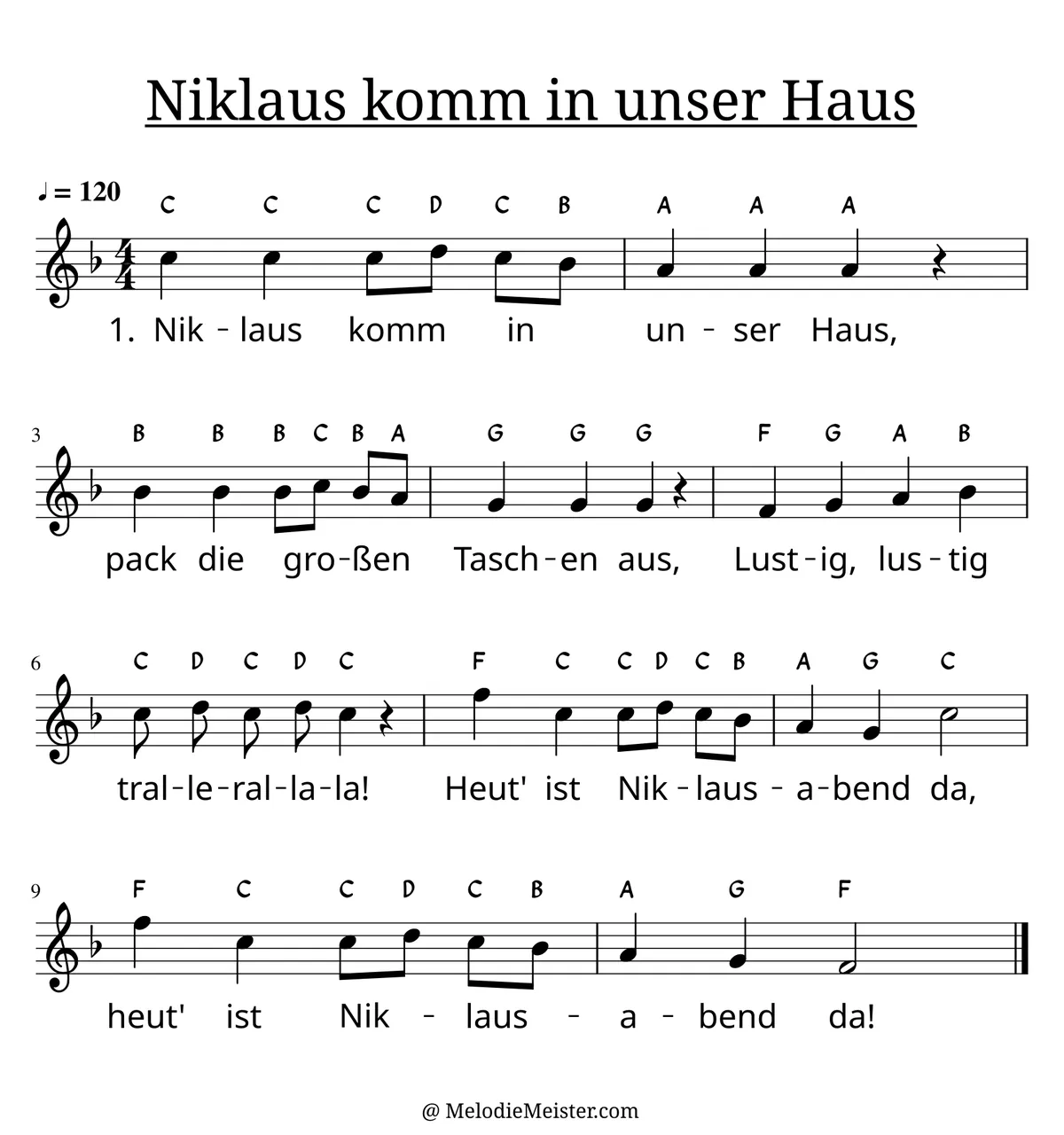 Notenblatt „Niklaus komm in unser Haus“. Einstimmige Melodie im Violinschlüssel, , , mit der 1. Strophe des Liedtextes.