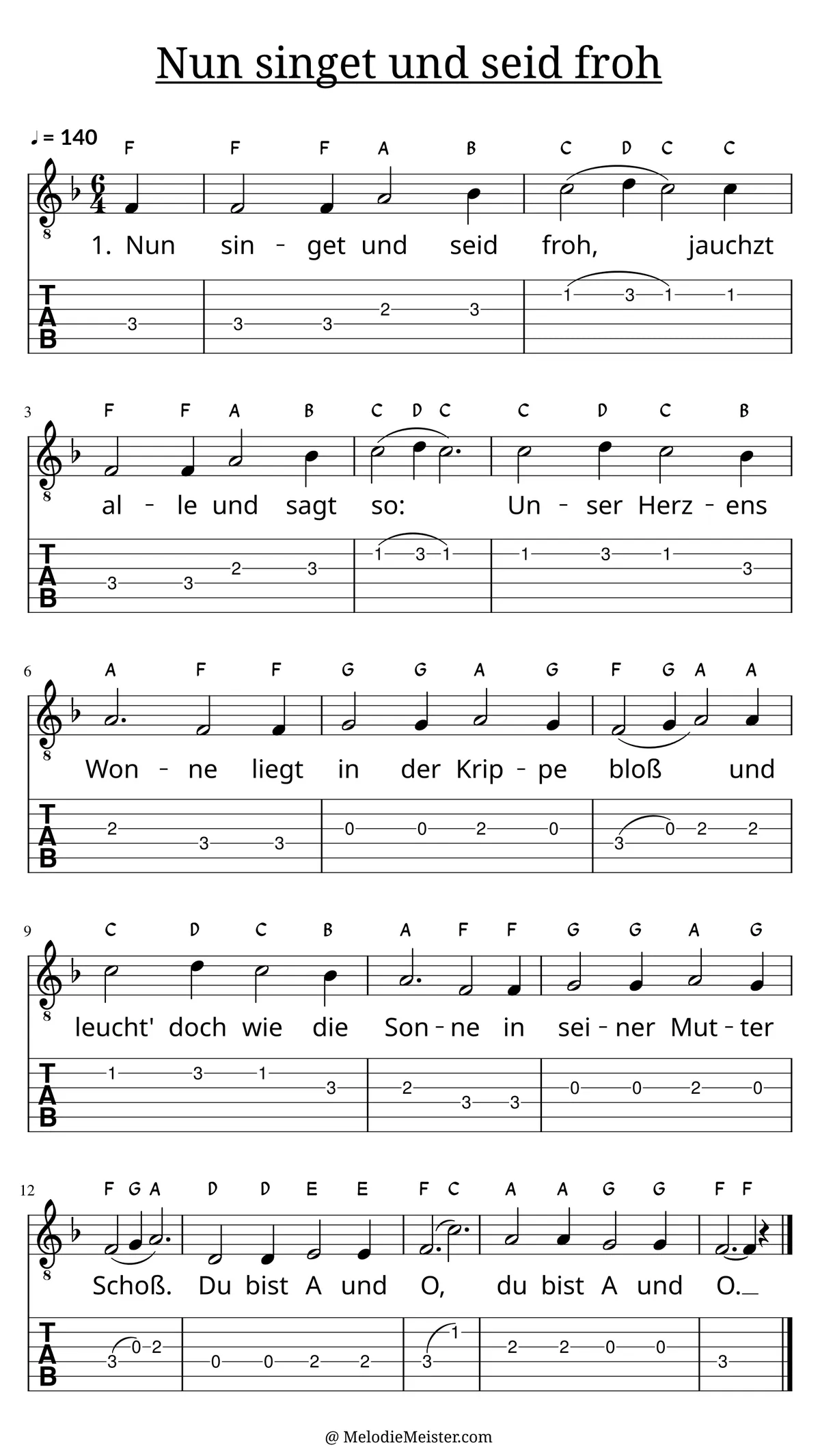 Nun singet und seid froh – Noten für Gitarre mit Tabulatur und Text zum Weihnachtslied, geeignet für Anfänger