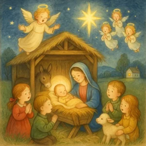 Weihnachtliche Krippenszene mit Maria, dem Jesuskind, Engeln und Kindern in einem sanft leuchtenden Stall unter einem Sternenhimmel – liebevoll illustriert im Stil eines klassischen Kinderbuchs.