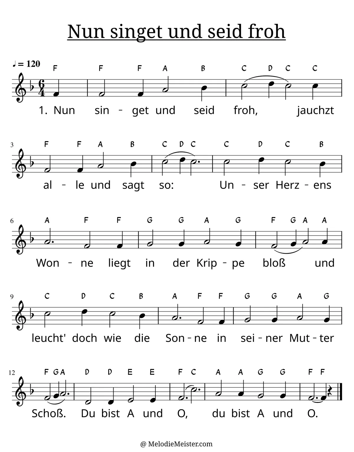 Notenblatt „Nun singet und seid froh“. Einstimmige Melodie im Violinschlüssel, , , mit der 1. Strophe des Liedtextes.