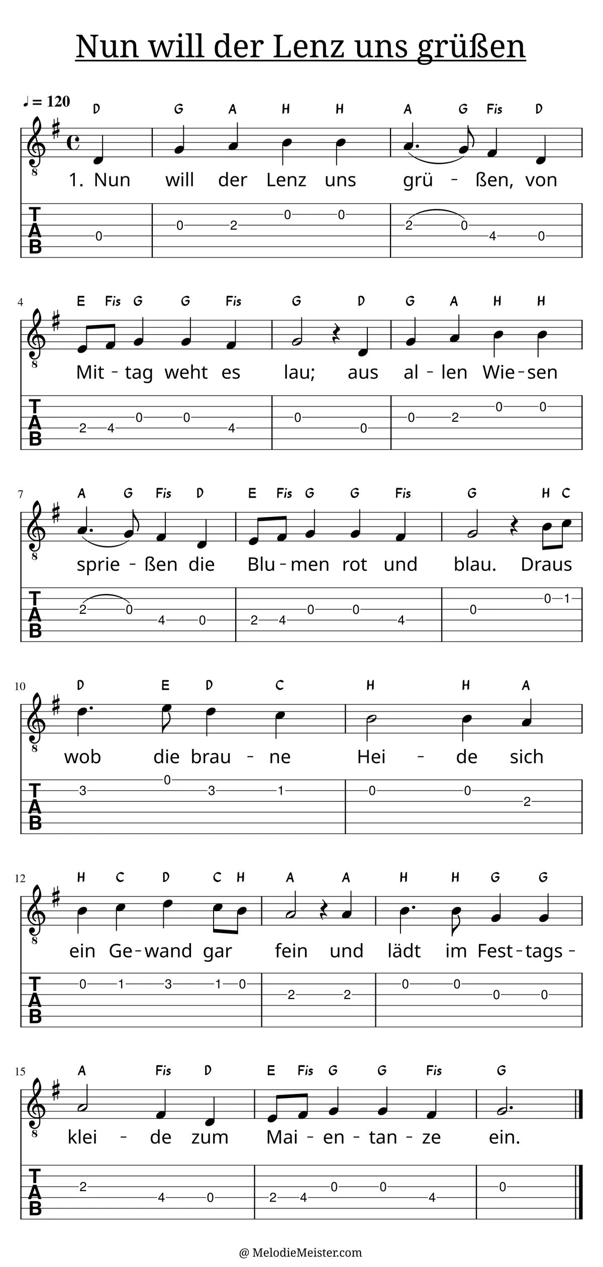 Nun will der Lenz uns grüßen – Noten für Gitarre mit Tabulatur und Text zum Volkslied, geeignet für Anfänger