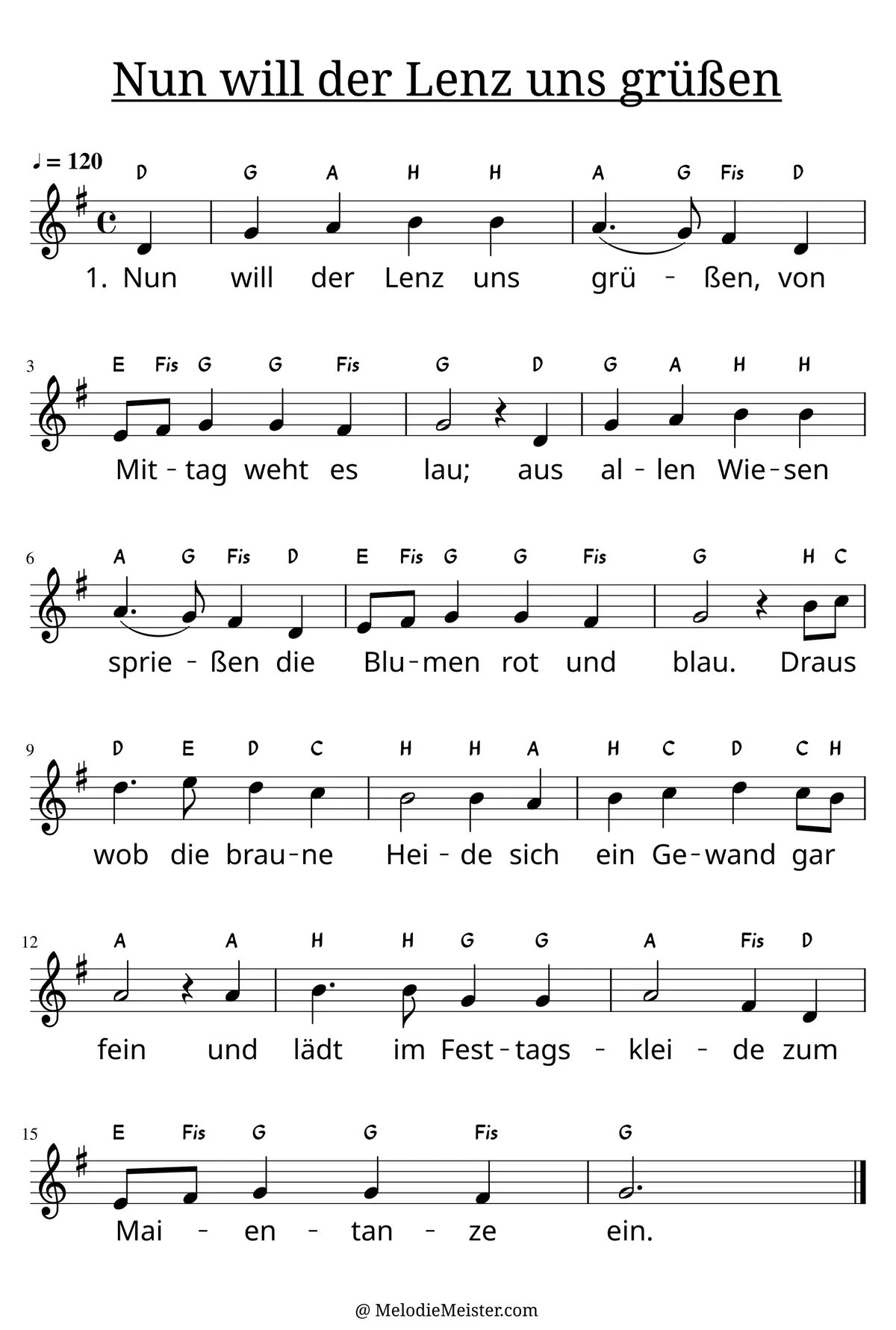 Notenblatt „Nun will der Lenz uns grüßen“. Einstimmige Melodie im Violinschlüssel, G-Dur, 4/4-Takt, mit der 1. Strophe des Liedtextes.