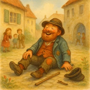 Ein fröhlicher, bärtiger Mann mit Hut sitzt lachend auf dem Boden einer alten Stadtstraße, während um ihn herum eine lebendige Szenerie herrscht. Seine Kleider sind zerlumpt, Stock und Rock liegen neben ihm. Im Hintergrund sieht man Häuser, ein paar neugierige Kinder und eine freundliche, verspielte Atmosphäre im Stil eines klassischen Kinderbuchs. Die Farben sind warm, das Bild wirkt humorvoll und einladend.