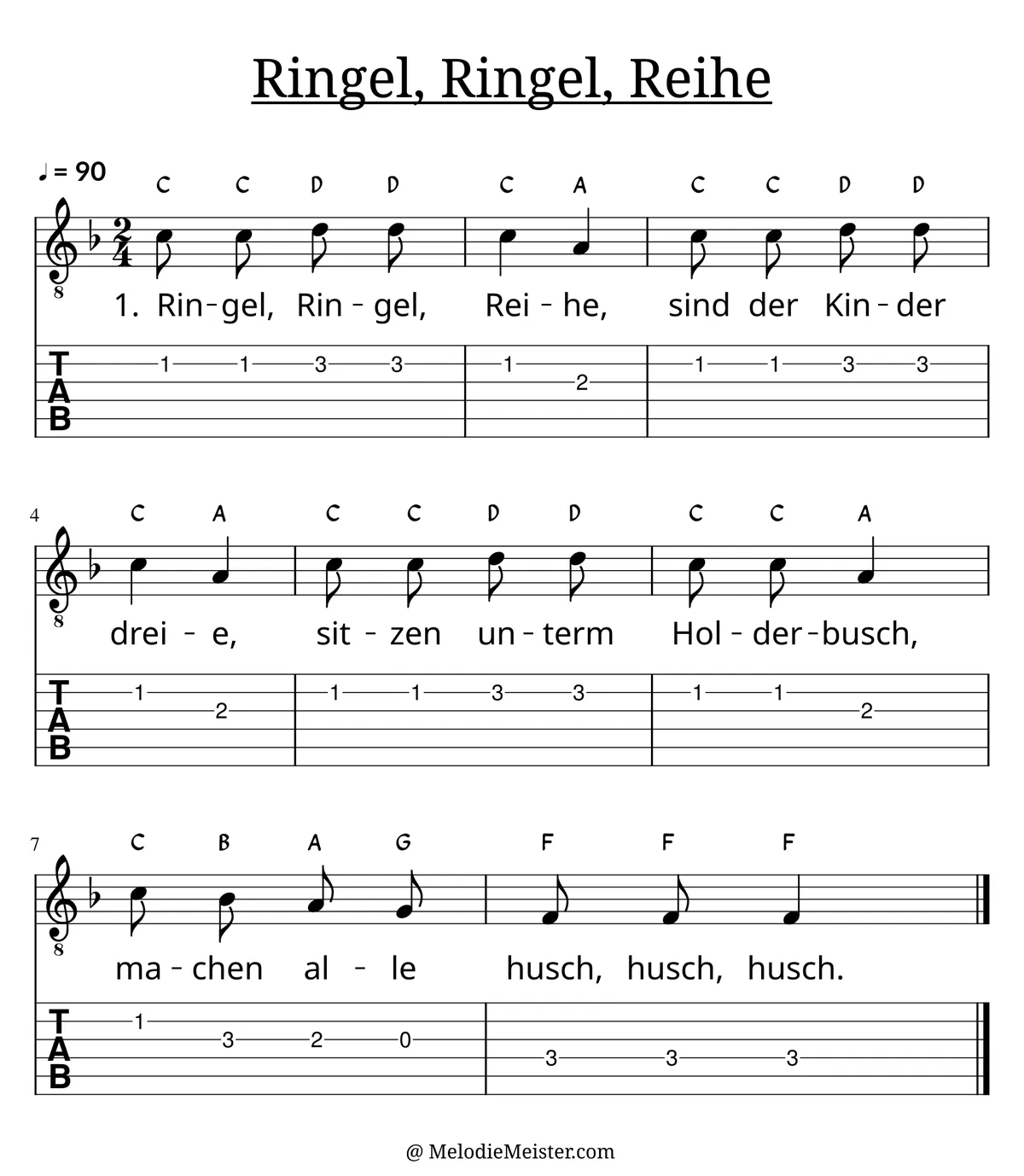 Ringel, Ringel, Reihe – Noten für Gitarre mit Tabulatur und Text zum Kinderlied, geeignet für Anfänger