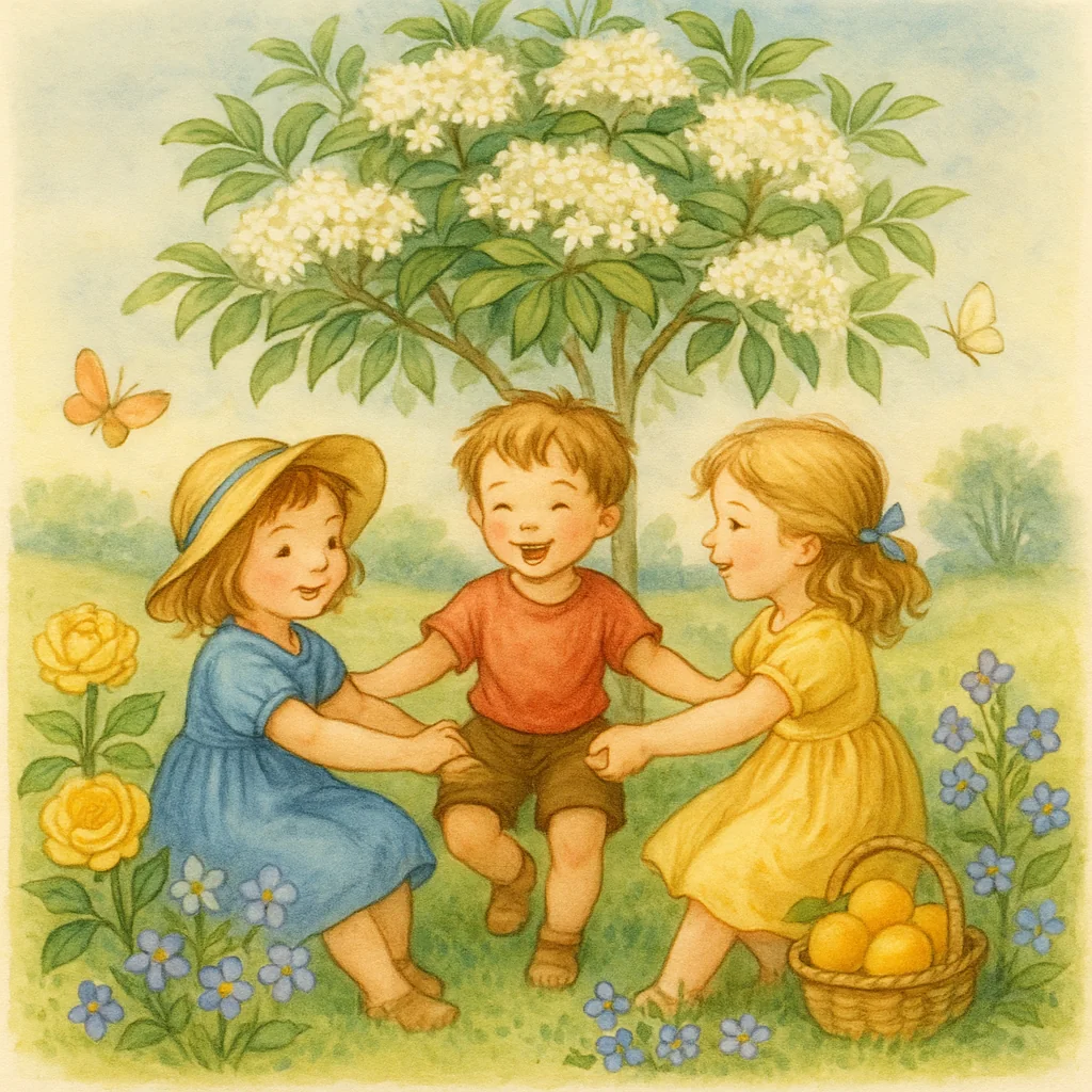 Illustration zu „Ringel, Ringel, Reihe“: Drei Kinder sitzen oder tanzen im Kreis unter einem blühenden Holunderbusch, umgeben von Rosen, Aprikosen, Veilchen und Vergissmeinnicht auf einer sommerlichen Wiese.