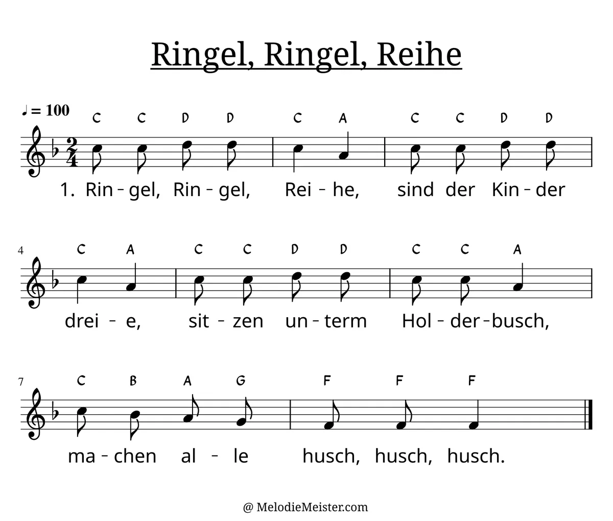 Notenblatt „Ringel, Ringel, Reihe“. Einstimmige Melodie im Violinschlüssel, F-Dur, 2/4-Takt, mit der 1. Strophe des Liedtextes.