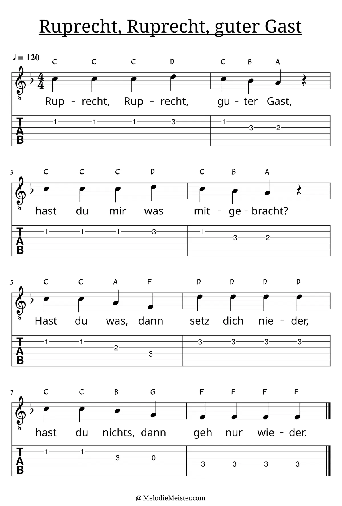 Ruprecht, Ruprecht, guter Gast – Noten für Gitarre mit Tabulatur und Text zum Weihnachtslied, geeignet für Anfänger