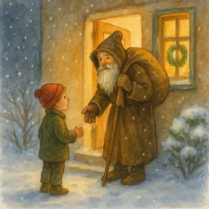 Knecht Ruprecht in braunem Mantel mit Kapuze und großem Sack steht an der Tür eines gemütlichen Hauses. Ein neugieriges Kind fragt ihn erwartungsvoll. Drinnen leuchtet warmes Licht. Die Szene ist freundlich, leicht verschmitzt und detailreich im Stil eines klassischen Kinderbuchs gemalt – mit winterlicher Stimmung, verschneitem Vorgarten und liebevollen Details.