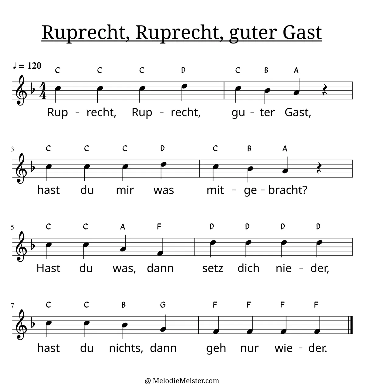 Notenblatt „Ruprecht, Ruprecht, guter Gast“. Einstimmige Melodie im Violinschlüssel, , , mit der 1. Strophe des Liedtextes.
