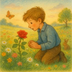 Ein Junge entdeckt auf einer sonnigen Heide ein leuchtend rotes Röslein. Er beugt sich neugierig über die Blume, während das Röslein sich stolz und leicht abwehrend aufrichtet. Die Szene ist liebevoll, märchenhaft und detailreich im Stil eines klassischen Kinderbuchs gezeichnet, mit blühender Wiese, sanftem Morgenlicht und kleinen Tieren im Hintergrund.