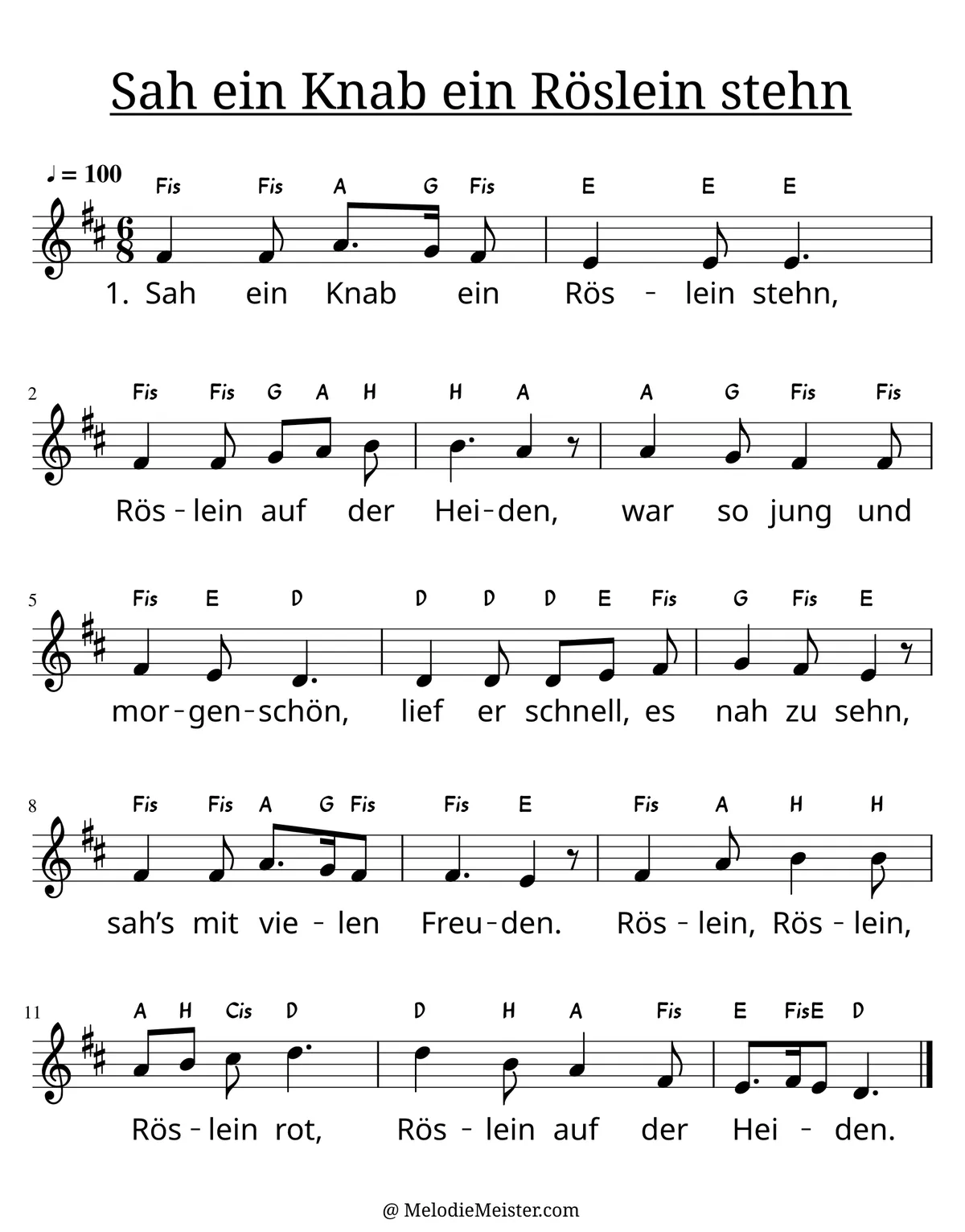 Notenblatt „Sah ein Knab ein Röslein stehn“. Einstimmige Melodie im Violinschlüssel, D-Dur, 6/8-Takt, mit der 1. Strophe des Liedtextes.
