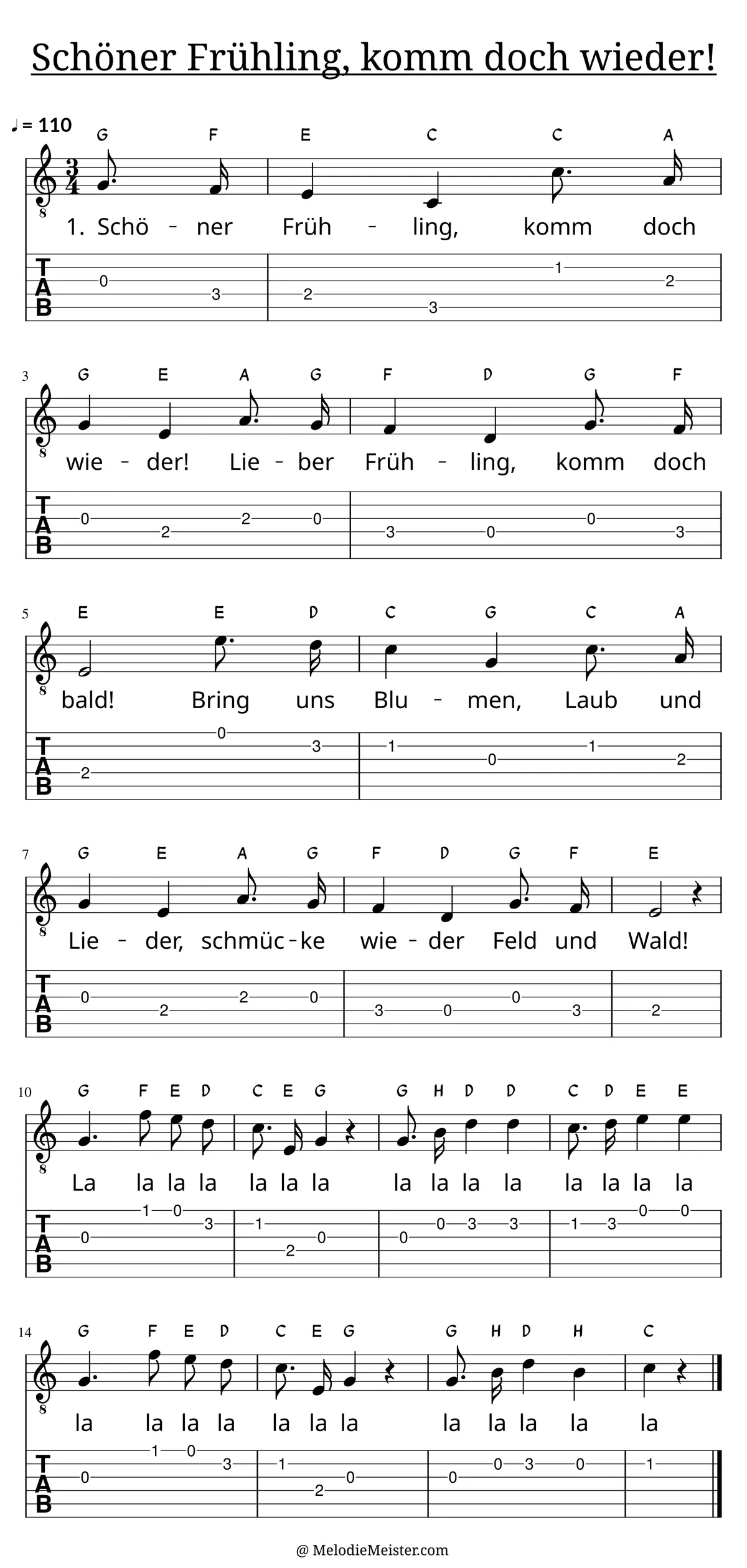 Schöner Frühling, komm doch wieder! – Noten für Gitarre mit Tabulatur und Text zum Frühlingslied, geeignet für Anfänger