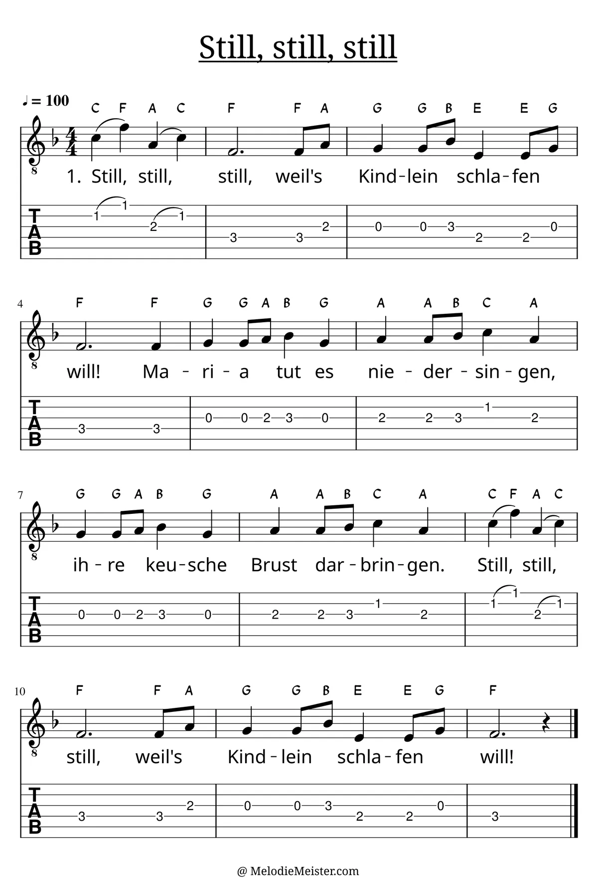 Still, still, still – Noten für Gitarre mit Tabulatur und Text zum Weihnachtslied, geeignet für Anfänger