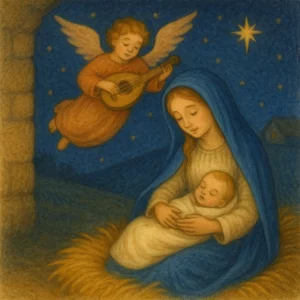 Maria hält das schlafende Jesuskind liebevoll im Arm, während ein Engel mit einer Laute über ihnen schwebt. Der Stern von Bethlehem leuchtet am klaren Nachthimmel. Die Szene wirkt friedlich und warm.
