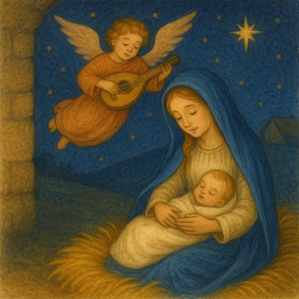 Maria hält das schlafende Jesuskind liebevoll im Arm, während ein Engel mit einer Laute über ihnen schwebt. Der Stern von Bethlehem leuchtet am klaren Nachthimmel. Die Szene wirkt friedlich und warm.