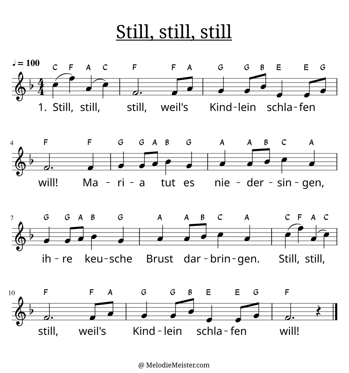 Notenblatt „Still, still, still“. Einstimmige Melodie im Violinschlüssel, , , mit der 1. Strophe des Liedtextes.