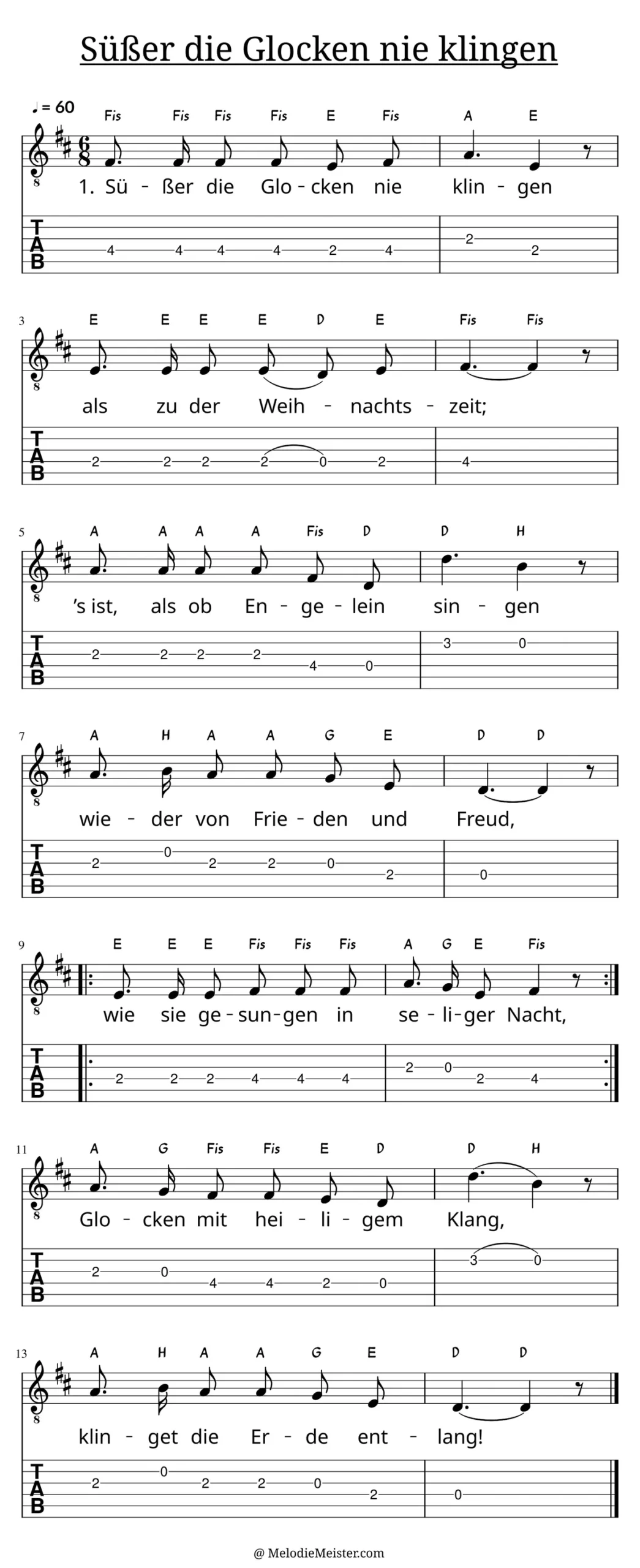 Süßer die Glocken nie klingen – Noten für Gitarre mit Tabulatur und Text zum Weihnachtslieder Adventslied, geeignet für Anfänger