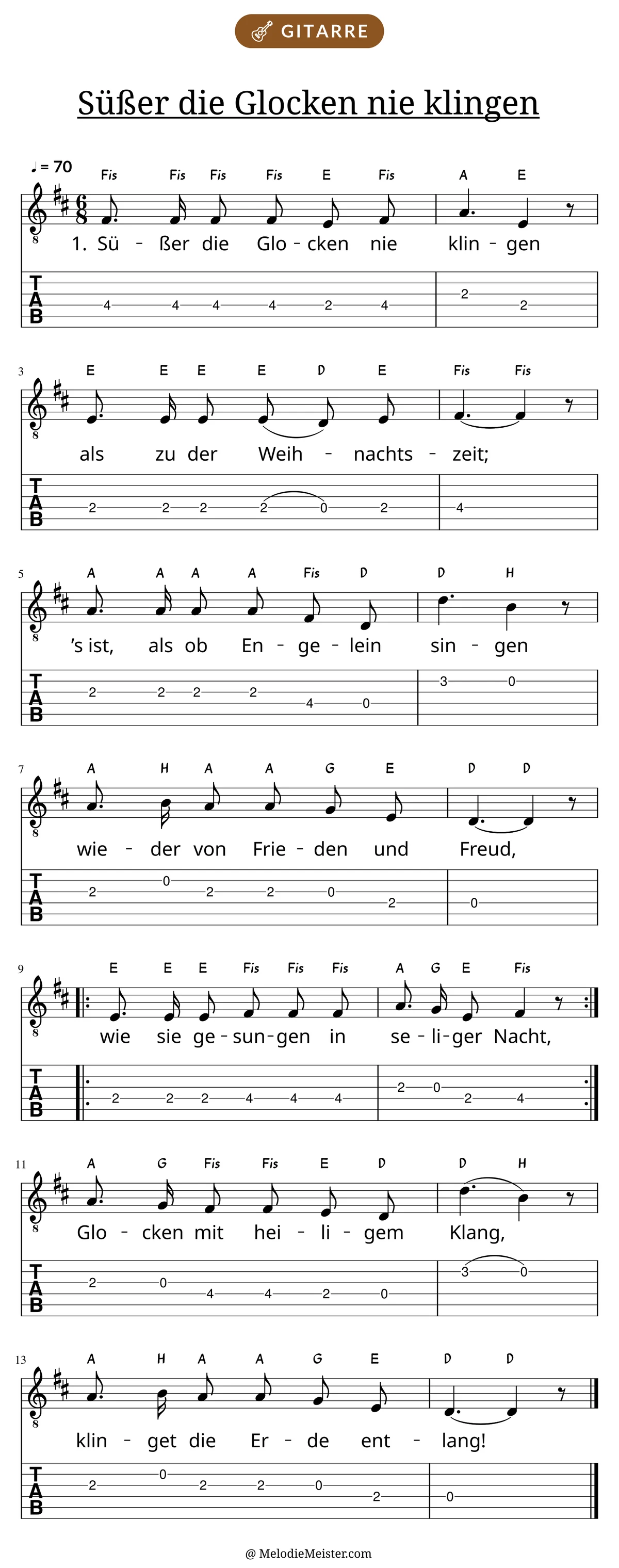 Notenblatt „Süßer die Glocken nie klingen“ für Gitarre: Melodie mit Buchstaben über den Noten, darunter der Liedtext der 1. Strophe und die Gitarren-Tabulatur mit Bundzahlen.