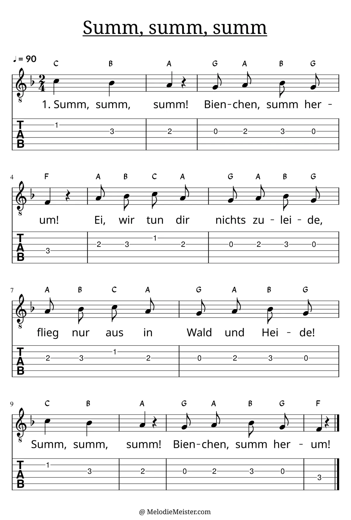 Summ, summ, summ – Noten für Gitarre mit Tabulatur und Text zum Kinderlied, geeignet für Anfänger