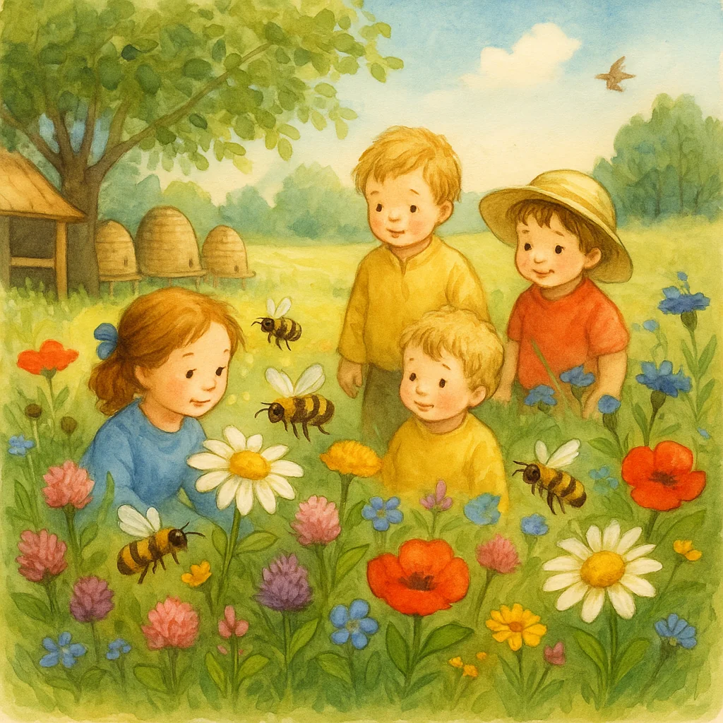 Illustration zu „Summ, summ, summ“: Freundliche Bienen summen über einer bunten Blumenwiese, Kinder beobachten sie, im Hintergrund stehen Bienenkörbe und Wald, die Stimmung ist fröhlich und naturverbunden.